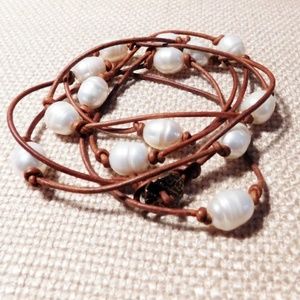Lg Freshwater Pearls + Leather Cord Wrap